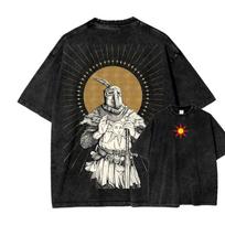 Dark Souls Bonfire Knight Double-Sided Acid Washed T-Shirt Medieval Epic Knight Vintage Black Oversized Unisex Gaming Streetwear T-shirt L