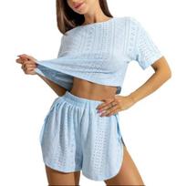 Summer Eyelet 2 Piece Pajamas Set for Women Short Sleeve Crew Neck Top And Shorts Summer Casual Pjs Sleepwear Set M šviesiai mėlyna spalva