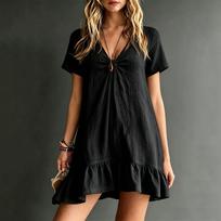 Women V Neck Short Sleeve Loose Fit Ruffle Hem Dress Casual Solid Color Lightweight Relaxed Style Summer Dress XXL juoda