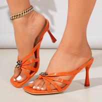 Sexy Patent Leather Cross Strap Clip Toe Slippers Women Summer Metal Flower Decoration High Heels Sandals Beach Sandals 36