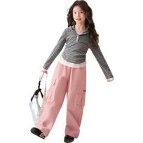 LUSON Girls' 2026 Spring Casual Cargo Long Pants 120 karališkos mėlynos spalvos