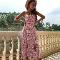 Summer Elegant Floral Suspender Skirt Slim Fit Split Printed Dress S