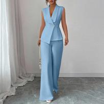 Sleeveless Wide Leg Pantsuit for Women Two Piece V Neck Blazer Set with Single Button Office Wear Business Outfit M