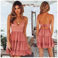 Female New Summer Fashionable Solid Color Dress Sexy Lace Strap Elegant Dresses Splicing Women's Seaside Vocation Wear S