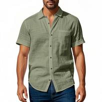 Mens Linen Short Sleeve Shirt with Collar Relaxed Fit Button Down Design and Chest Pocket for Everyday Wear L armijos žalia spalva