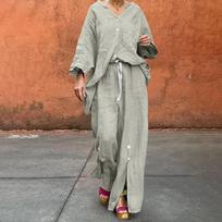 Women Casual Two Piece Set Cotton Linen Shirt Drawstring Wide Leg Pants Lightweight Breathable Relaxed Fit Outfit for Everyday Wear L