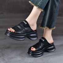Shoes for Women Sexy Round Toe Fish Sandals Thick Woman Slippers Black Platform Slides Leather Easy Wears on Promotion Vip Offer 35