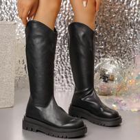 Sexy Pu Solid Black Knee High Boots Women Back Zippers Knight Long Boots 2025 Winter Autumn Medium Heel Shoes Plus Size 35