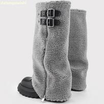 2025 New Winter Snow Boots Gray Fur Zipper Sleeve Shark Boots Platform Heightening Women Mixed Color Knee-High Boots 35