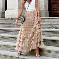 Women Pleated Long Skirts Ruffles Design Elegant Sexy Mesh Lace Loose Skirts Solid Mesh Patchwork Gauze Streetwear Party S