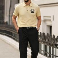 Men Mesh Ice Silk Short Sleeve T Shirt Breathable Polo Collar Lightweight Summer Top with Printed Chest Design for Daily Wear L smėlis