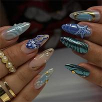 24 Pcs Glossy Press On Nail Almond Shaped False Nail Ocean Star Jellyfish Stick On Nail Reusable Artificial Nail 1