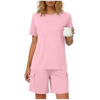 Women Casual Two Piece Set Short Sleeve Top and Cargo Pocket Shorts Lightweight Summer Outfit Relaxed Fit L rožinė