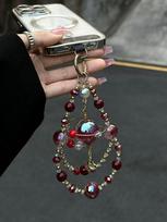Colorful Crystal Beads Phone Chain Keychain Wrist Strap Lanyard Pendant Double Chain Mobile Phone Hanging Rope Alloy raudona