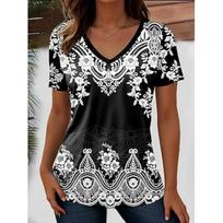 Women's T Shirt Graphic Geometric Paisley Bohemia Vintage Short Sleeve V Neck Regular Tops Daily Going Out Wear Summer S