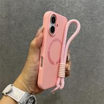 Wrist Strap Magnetic Phone Case For iPhone 17 15 14 11 12 13 16 Pro Max Air Liquid Silicone For Magsafe Lanyard Protector Cover For iphone 11Promax rožinė