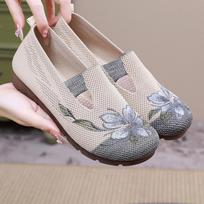 Ladies' Summer Breathable Soft Sole Anti-slip Mom Shoes Leisure Mesh Flat Embroidered Shoes 35 pilka spalva