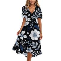 Women's Casual V Neck Short Sleeve Floral Print Midi Dress Wrap Style Lightweight Summer Dress with Tie Waist L tamsiai mėlyna