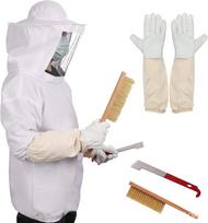 Bitininkavimo kostiumas su avikailio pirštinėmis, bičių šepetėliu, kiaulės uodegos peilių rinkiniu ir striuke 4-piece Jacket Set white