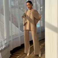 American Women's Fashion: 2025 Autumn New Crew Neck Knit Slim Sweater Loose Wide-Leg Pants XS chaki
