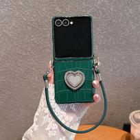 Luxury Sparkling Shiny Rhinestone Heart Ring Stand Crocodile Pattern Phone Case for Z Flip 7 6 5 Hand Strap Protective Cover Opp Bag&For Galaxy Z Flip 5