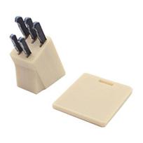 7Pcs/Set Miniature Kitchen Knives Set Metal Blade Black Handle Knife Seat Block Cutting Board Set 1:12 Scale Dollhouse Accessories A