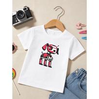 European sizes Girls' Cute Robot Dog Print Short Sleeve T-Shirt, Cartoon Red And White Robo Dog Graphic Tee, Casual Crew Neck Top for Kids 110 balta