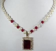 Natural Genuine 7-8MM Freshwater Pearl red jade bead Necklace+crystal Pendant