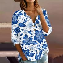 Women’s Casual Floral Print Henley Neck Button Front Three Quarter Sleeve Cotton Linen Shirt for Daily Wear Vacation Office S mėlyna