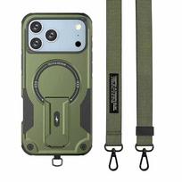 Heavy Mechanical PC+TPU Magnetic Bracket Case For IPhone 17 Pro Max Air 16 15 14 13 12 Plus Cross-body Lanyard Shockproof Cover iPhone Air žalia