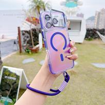 Folding Magnetic Wrist Strap Case with Kickstand for iPhone 13/14/15/16/Pro Max/E 17/Wireless Charging Opp Bag&For iPhone17 violetinė