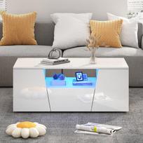 Kavos staliukas 100x50x40 cm, LED, aukšto blizgesio, 2 spintelės, netaisyklingas dizainas, balta