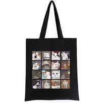 „Meme Cats“ dėlionės pirkinių krepšiai moterims „Harajuku Print Fashion Korėjos vintažinė drobė“. 24*26cm smėlis