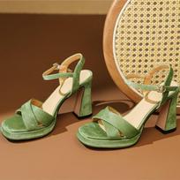 Madingos Super Aukštakulnės Moteriškos Sandalos Kvadratiniu Pirštu Batai 2025 Vasaros Tendencija Madingi Stori Kulniukai Elegantiški Seklūs Sagtys Chaussures Femme 34 žalia