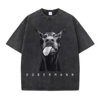 Womans Cotton Washed T-Shirts Fashion Creativity Doberman Printing Short Sleeve O-Neck Loose Distressed Street Female Clothes S įvairiaspalvis