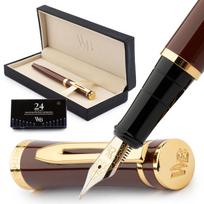 Wordsworth Black fountain pen set medium nib 24 ink cartridges refill converter included gift case diary calligraphy smooth writing brown gold unisex