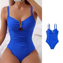 Sexy V Neck One Piece Swimsuit Women Hollow Out Pleate Tummy Control Swimwear Beach Bathing Suit Slim Monokini XL mėlyna