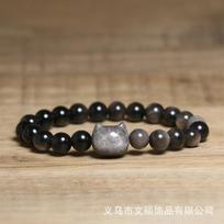 Black Onyx Silver Sheen Obsidian Cat Bead Bracelet – Cute Protection Jewelry, Anxiety Relief Gift for Women juoda