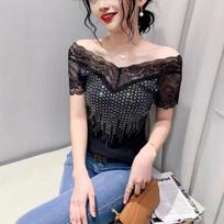 Summer short-sleeved patchwork knitted perm women's casual top for inner wear and outer wear M juoda