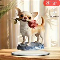 2D Acrylic Art Desktop Ornament, Chihuahua With Rose Design, Blue White Base Bohemian Decor For Home Office, Perfect Gift For Dog Lovers
