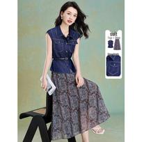 Melanie Retro Printed Denim Skirt Set L mėlyna
