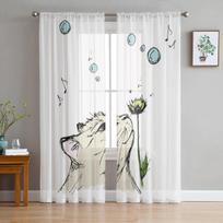 Cat Sniffing A Flower Spring White Tulle Sheer Curtains for Living Room Bedroom Kitchen Decoration Voile Organza Curtains 135W x 114H(cm)