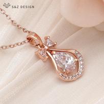 Trendy Water Drop Cubic Zirconia Bowknot Pendant Necklace For Women Wedding Rose Gold Color Jewelry Gift beige