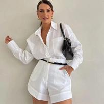 Pockets Button Shorts 2 Piece Set for Women Casual Lapel Single Breasted Long Sleeve Suits Fashion Chic Female Commute Outfits XXL balta