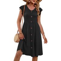 Women’s Casual Short Sleeve Button Down Midi Dress with V Neck and Flared Hem for Everyday and Vacation Wear L juoda
