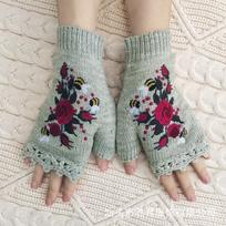 Floral Embroidery Knitted Gloves Bee Crochet Flower Mittens All-Match Winter Wool Gloves  Autumn pilka