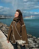 Moteriški madingi šilti paltai su skarele Elegantiški ilgomis rankovėmis kišeniniai striukės su viena krūtine 2023 m. rudens žiemos moteriški laisvi gatvės drabužiai S ruda