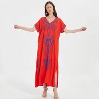 Vasarinė paplūdimio suknelė Indie liaudies šonuose su skeltu laisvalaikio ilga suknelė, moteriška maudymosi kostiumėlis, siuvinėta V kaklo trumpomis rankovėmis One Size raudona
