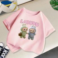 Fashion Cartoon Labubu Cute Printed Women's Short Sleeved T-shirt Summer Comfortable Children's Clothing Soft Round Neck Children's Top 110