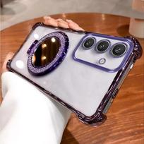 Glitter Mirror Holder Case For Samsung S25FE A56 A36 A17 A07 A26 A25 A55 A54 A35 A34 A15 A14 A73 A06 Shockproof Stand Soft Cover A23 violetinė